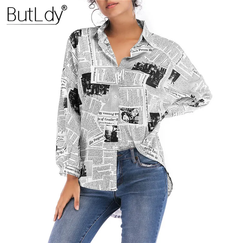 

Newspaper Letter Print Blouse Women Turn Down Collar Irregular Shirt Top Loose Long Sleeve Vintage Tops Blouses Fashion 2018