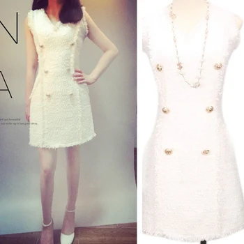 

New tweed 18 spring summer hair tassels show thin fragrant wind vest vest dress V female collar hip