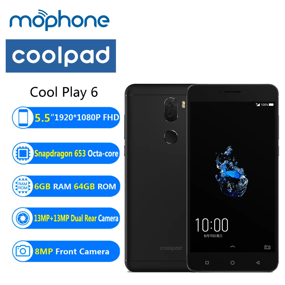 Coolpad Cool Play 6 4G мобильный телефон 4060 мАч Snapdragon 653 Восьмиядерный ГБ + 64 Гб 13 МП Двойная