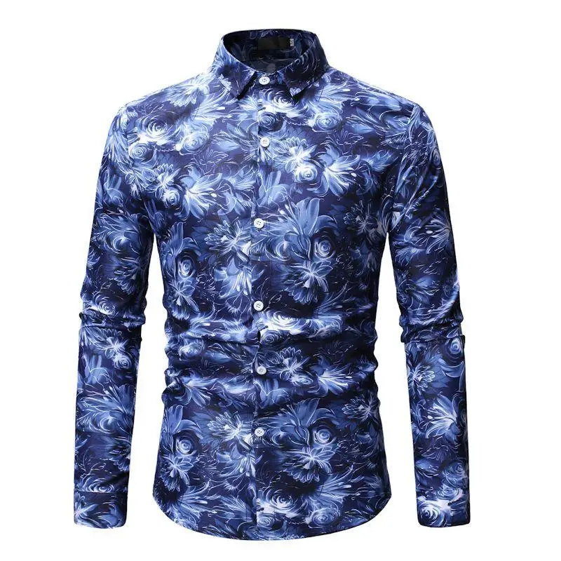 

Long sleeve Flower Men's Shirt Casual Fashion Floral Hawaiian Shirt Dress Blouse Men Blue Gray