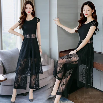 

Lace Wide Leg Trousers Two Piece Set Top And Pants Fashionable Office Lady Palazzo Pants Women's Summer Suit Tracksuit Women