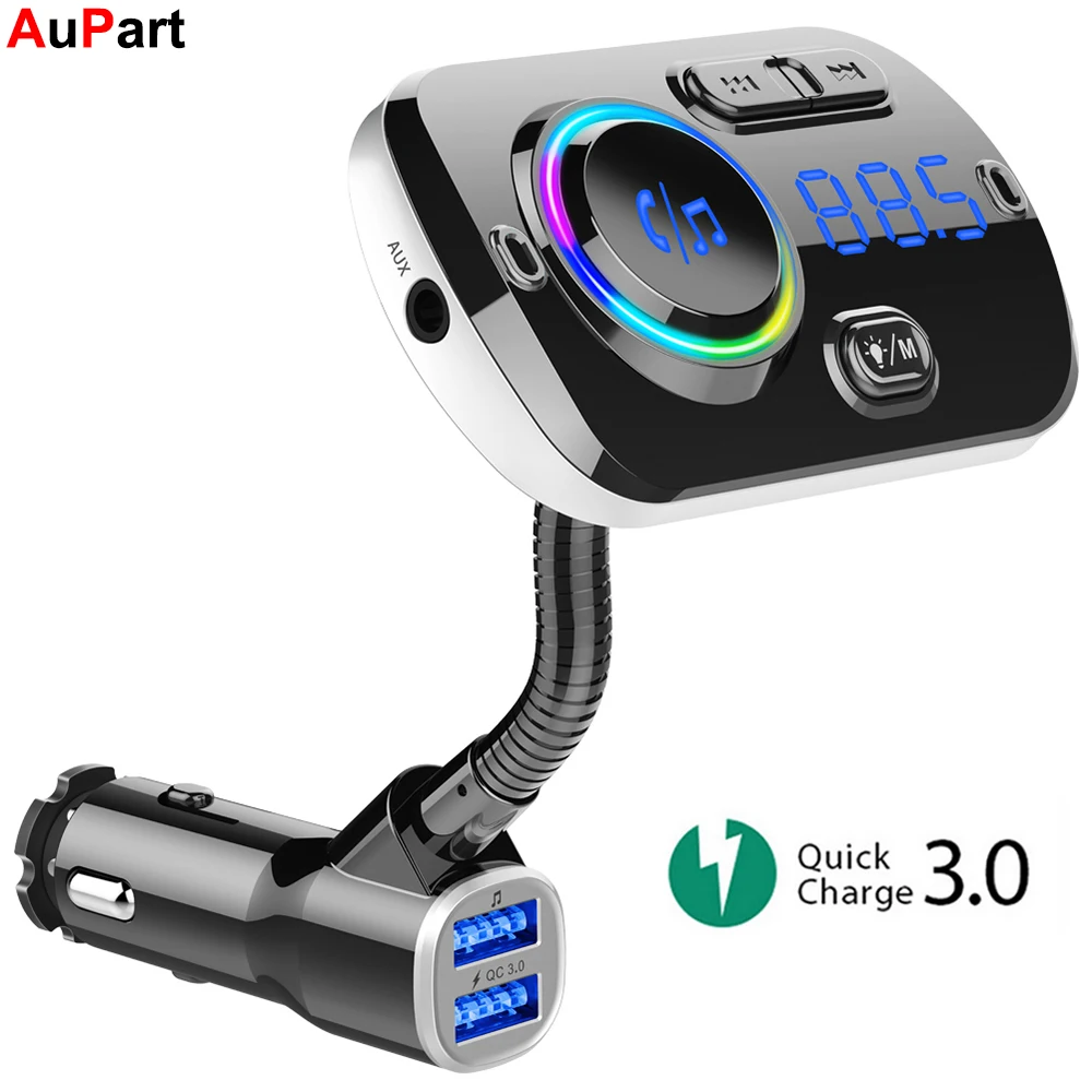 

Auto FM Transmitter Bluetooth V5.0 Wireless Radio Car Charger Adapter MP3 with QC3.0 Charge Support USB TF Card Ambient Light