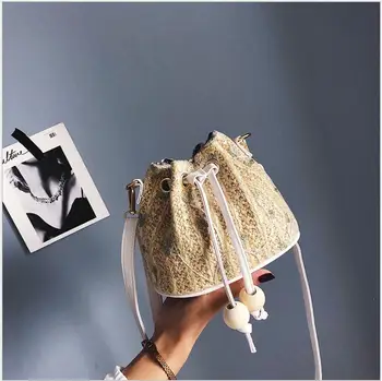 

2018 Fashion Small Women PU Leather Bucket Bags With Appliques Handbags Bead Drawstring Shoulder Bags Messenger Crossbody Bags.