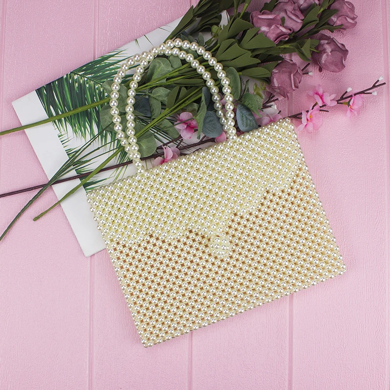 

Ladies Summer Woven Wave Briefcase Imitation Pearl Cross-section Fashion Tote Handmade Beaded Large Mobile Phone Bag