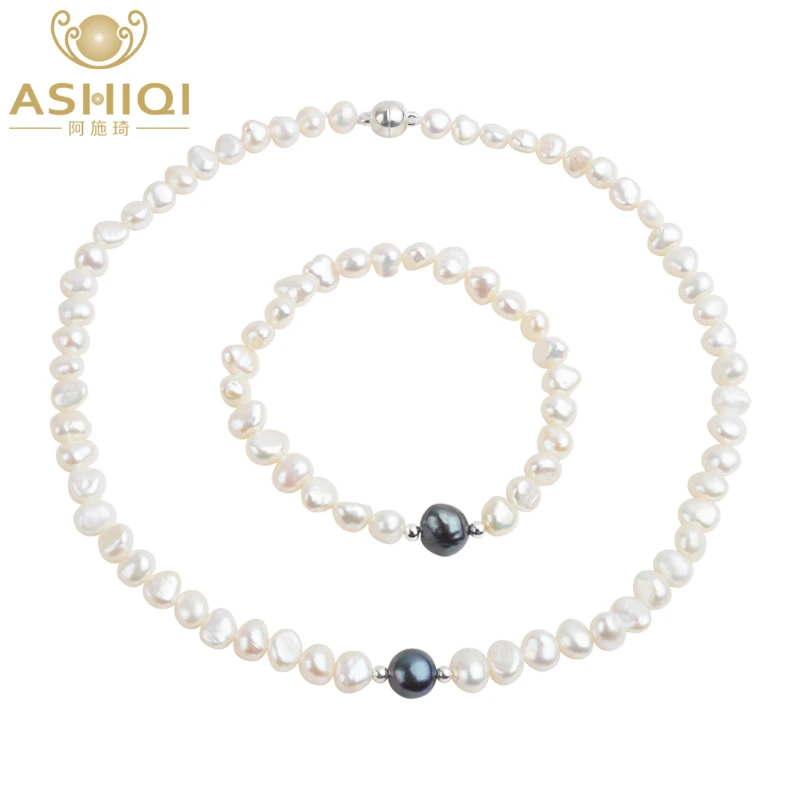 

ASHIQI Real Freshwater Pearl Jewelry set for Women with Pure 925 Sterling Silver Beads Handmade Necklace Bracelet Bridal Gift