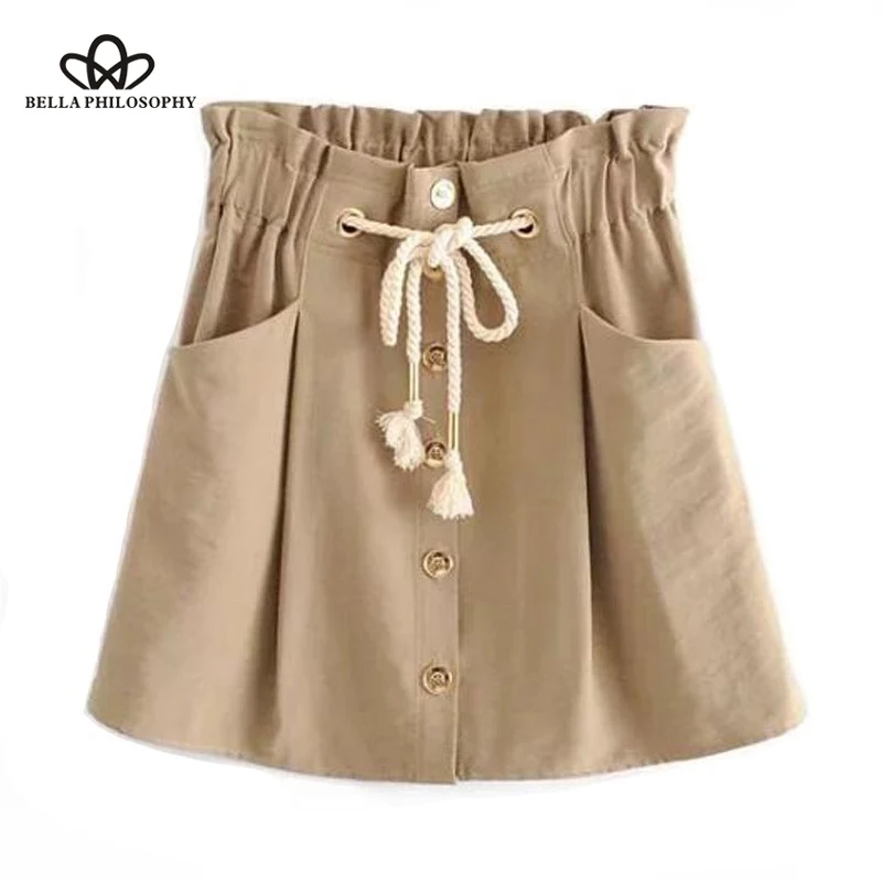 2019 Summer Khaki Mini Skirt Drawstring Elastic Waist Short Skirts Front Single Breasted Leisure Women Skorts Wonder Store