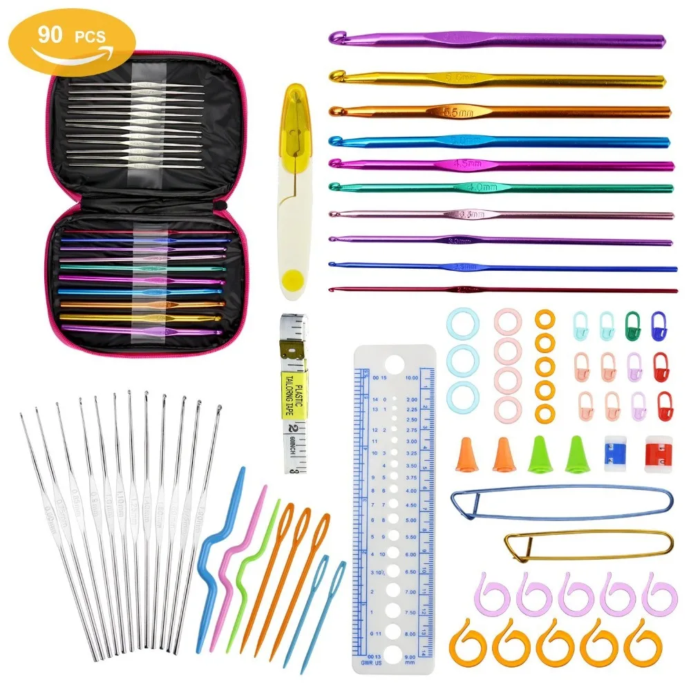 

90pcs Multicolor Aluminum Crochet Hooks Set with Storage Case Crochet Knitting Hooks Set Multi-Size Craft Needles Weave Yarn Set