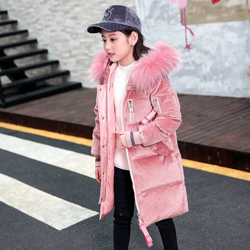 

Children's Down Jacket Girl's Golden Velvet Fabric Super Soft And Long Style Over Knee Thickening White Duck Size 120-160CM