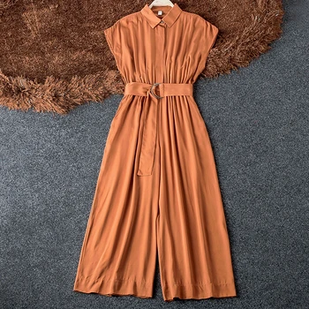 

Good Quality Turn Down Collar Solid Jumpsuit Fashion 2019 Summer Sleeveless Belt Slim OL Elegant Slim Wide Leg Women Jumpsuits