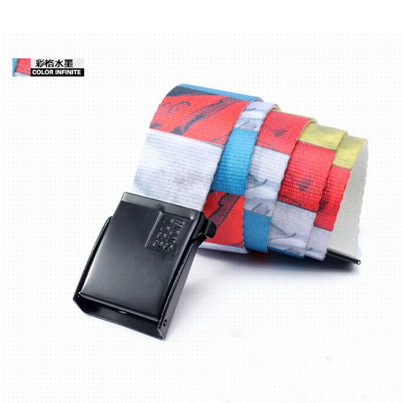Hot new fashion candy color belt unisex canvas belt Men Women belt automatic mental buckle brief solid Color matching straps - Цвет: Color ink painting