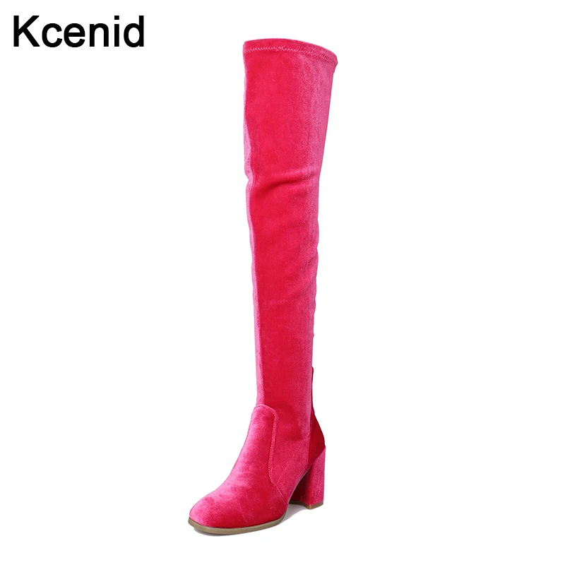 

Kcenid Plus size 33-41 fashion round toe velvet slim boots high heels zipper shoes woman over the knee thigh high women boots