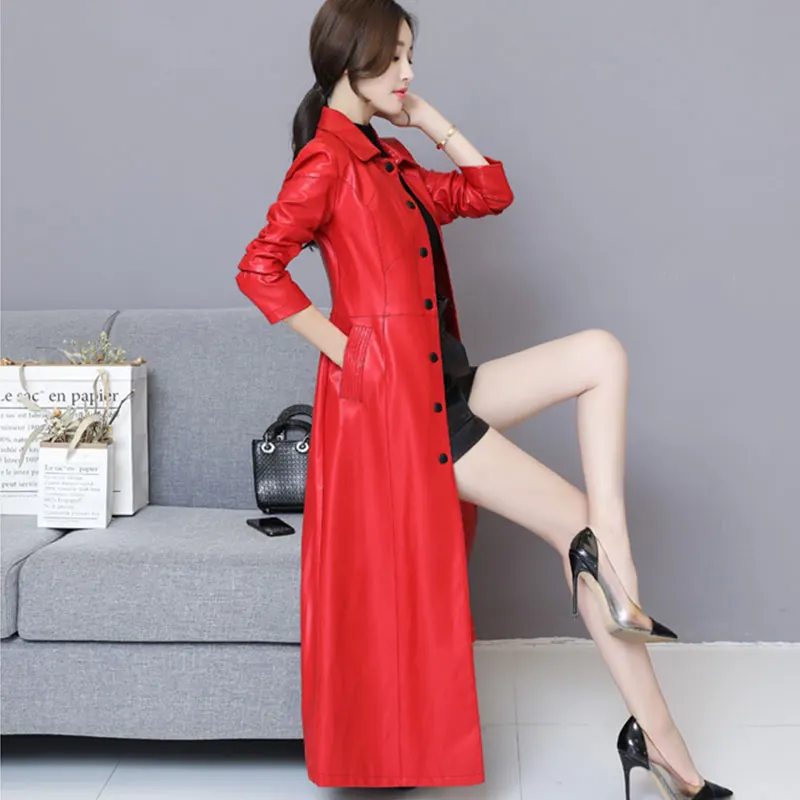 red Plus cotton Весна Осень женская искусственная Мягкая X-Длинная кожаная куртка женская M-5XL плюс размер пальто Черная Повседневная ветровка верхняя одежда 983 - Цвет: red Plus cotton