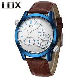 Lox модные Бизнес Часы Для мужчин Элитный бренд кожа коричневый 22 мм часы группа Кварцевые наручные часы для мужчин двойной часовой пояс Saat
