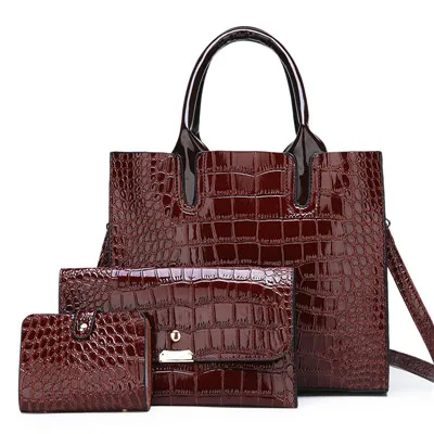 3 комплекта, высококачественные женские сумки из лакированной кожи, роскошная дизайнерская сумка-тоут+ известный бренд, сумка-мессенджер, сумки через плечо+ кошелек, женская сумка - Цвет: dark brown set