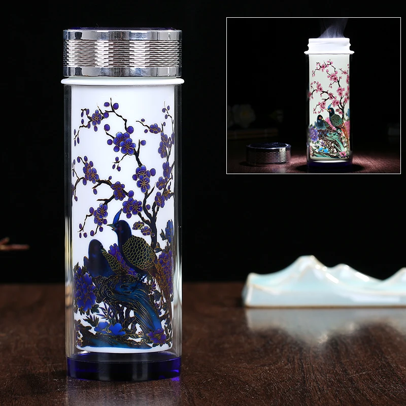 

300ML Double Wall Vacuum Flasks Transparent Glass Ceramic Color Change Hot Water Bottle Vintage Pattern Porcelain Pu'er Tea Cup