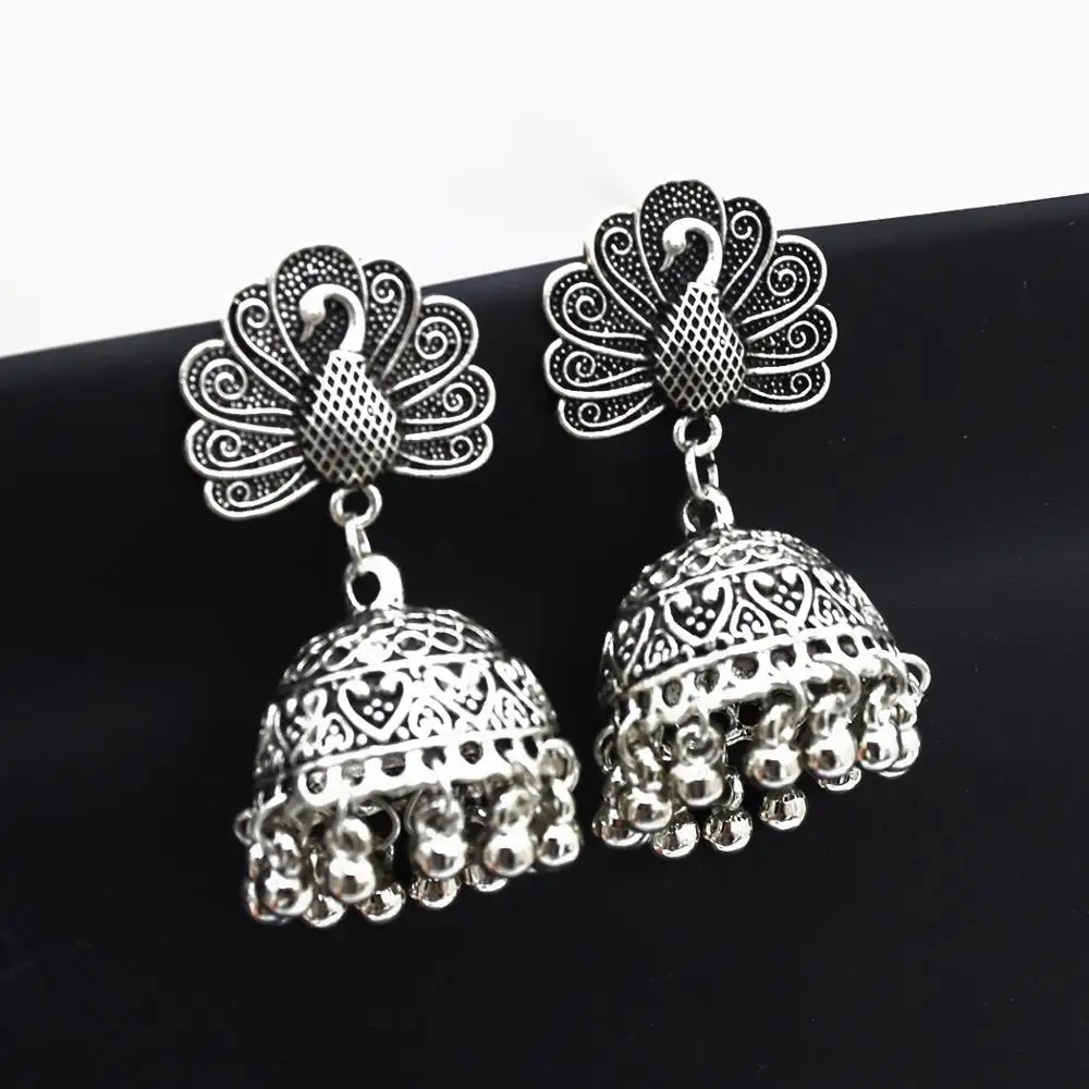 

Indian Oxidized Jhumka Jhumki Earrings For Women Bohemian Tribal Peacock Gold Silver Tassel Statement Afghan Egypt Turkish Gypsy