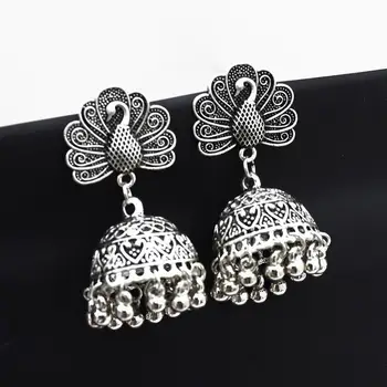 

Indian Oxidized Jhumka Jhumki Earrings For Women Bohemian Tribal Peacock Tassel Statement Afghan Egypt Turkish Gypsy