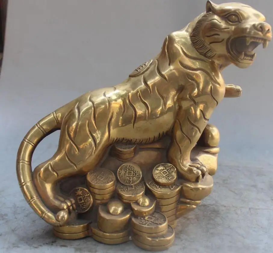 

6710697++10" Marked Chinese Bronze Zodiac Animal Yuanbao Wealth Money Tiger Statue