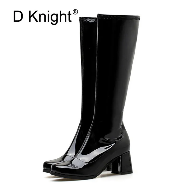 

Women's Knee High Boots Autumn Female Waterproof Rain Boots Size Zip Riding Equestrian Boot Patent Leather Lady High Heels Shoes