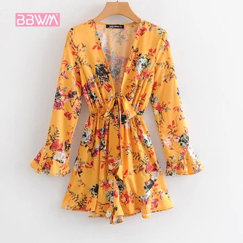 

2019 summer new bohemian holiday wind butterfly sleeves with ginger cotton women's jumpsuit Long sleeve waist