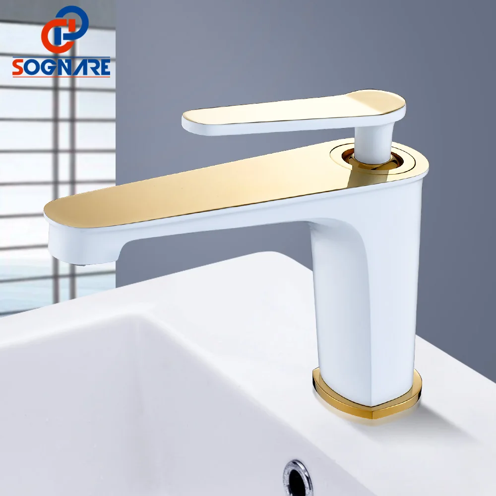 SOGNARE Bathroom Faucet White&Golden Hot Cold Water Tap Water Bathroom