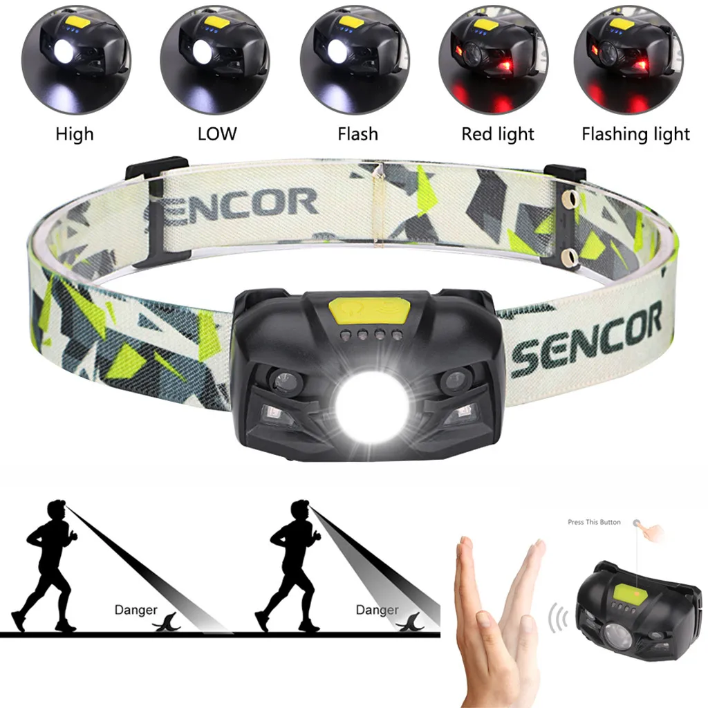 

USB Rechargeable Head Lamp Light LED Headlamp Motion Sensor Finger Induction Headlight Flashlight Built-in Battery lights