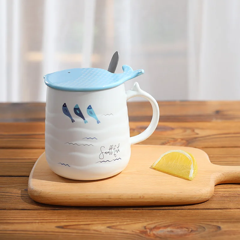 Literary fresh fish ceramic cup with lid spoon cute simple mug (4)