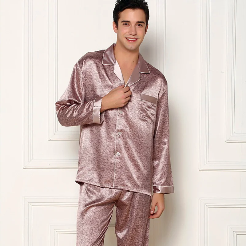 High-grade spring and autumn silk men's long-sleeved pajamas cardigan casual silk household clothes pyjama set loungewear