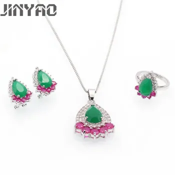 

JINYAO Fashion Wedding Party Jewelry Sets Gold Color Waterdrop Red Green Zircon Ring Earrings Necklace Sets for Women