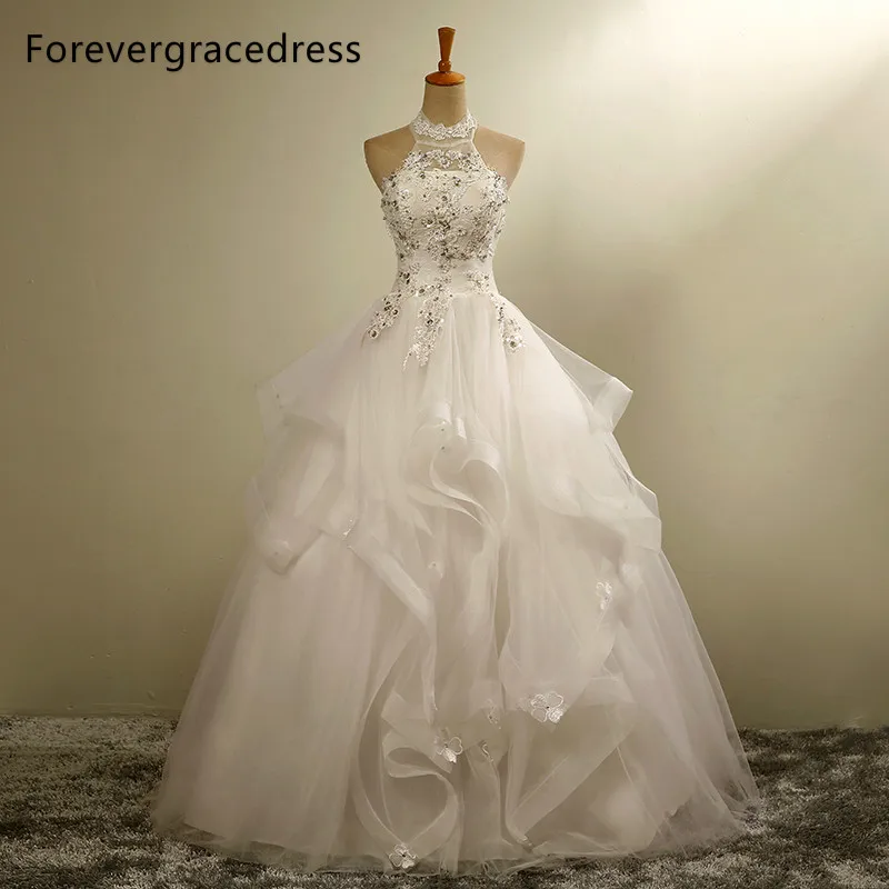 Forevergracedress New Design Long font b Wedding b font Dress White Halter Applique Tulle With Lace