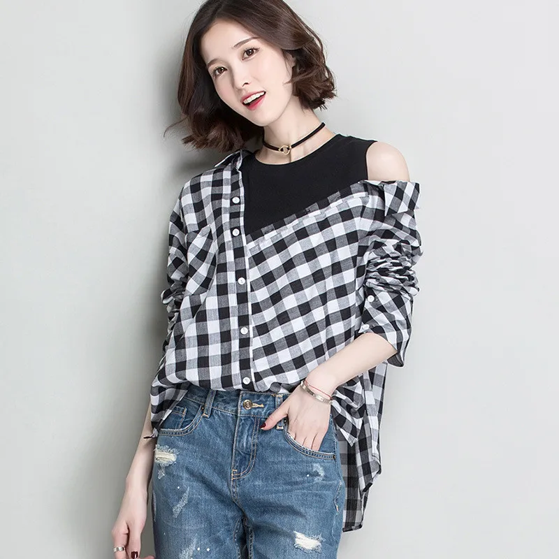 Высокое качество хлопок рубашки лоскутные блузки размера плюс Топы женские винтажные блузки Корейская рубашка в полоску Blusas Весна Bts - Цвет: Plaid Black
