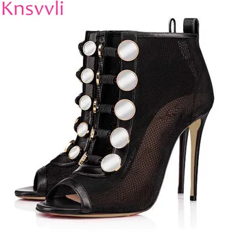 

New Black Mesh Lace Ankle Boots Women Sexy Thin High Heels Peep Toe Ladies Summer Boots Button Decoration Cut Outs Shoes Woman