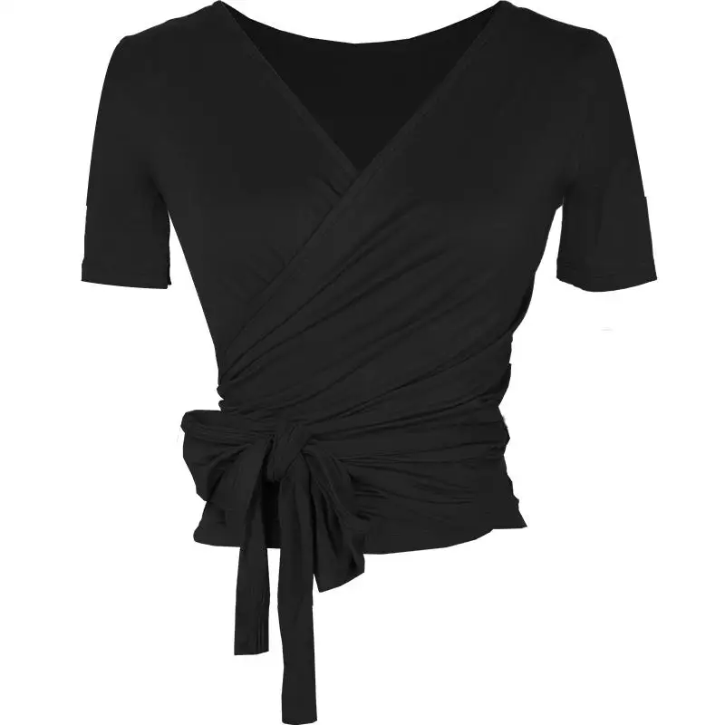Латинской рубашка для занятий танцами Для женщин костюм сексуальный топ на шнуровке бальных Сальса Танго тренировочные футболки Женская танцевальная одежда топы для взрослых - Цвет: black short sleeve