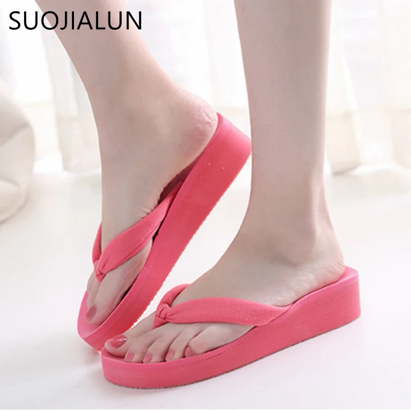 

SUOJIALUN 2018 Summer Woman Shoes Platform Bath slippers Wedge Beach Flip Flops High Heel Slippers For Women Sandals