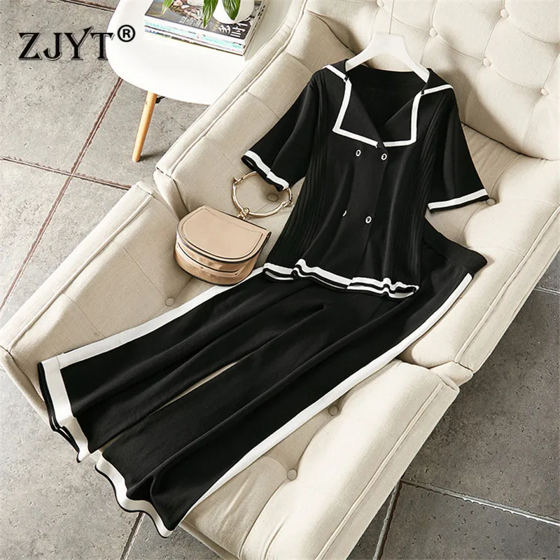 

2019 New Autumn Winter Suit Women Fashion Designer Half Sleeve White Black Knit Top and Pants 2Piece Set Casual Lady Outfits
