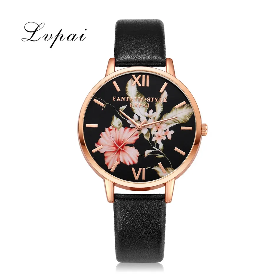 Lvpai Brand Women Bracelet Watch Fashion Rose Gold Flowers Leather Simple Women Dress Watches Luxury Business Clock Watch