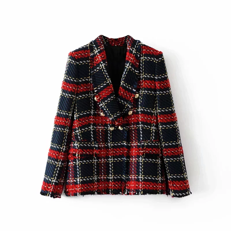 

Fashion Vintage Women Panelled Patchwork Plaid Tweed Za Jacket Double Breasted Pocket Long Sleeve Female Outerwear Casaco Femme