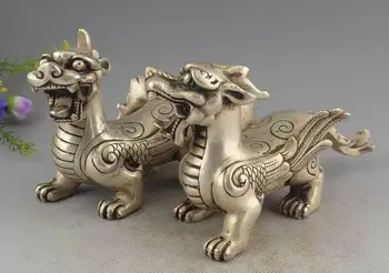 

China Silver Wealth PiXiu Phylactery Guardian Beast Brave Troops Statue Pair