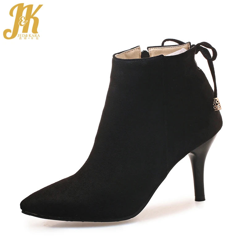 

JK 2018 Occident Sexy High Heels Ankle Women Boots Warm Flock Female Shoes Pointed Toe Cross Tied Bootie Autumn New Footwear