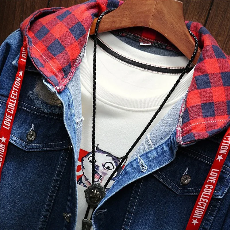 2018 Autumn Winter Fashion Jacket For Men Plaid Stripe Spliced Ripped Denim Jacket Men Youth Streetwear Hip Hop Jacket Hooded