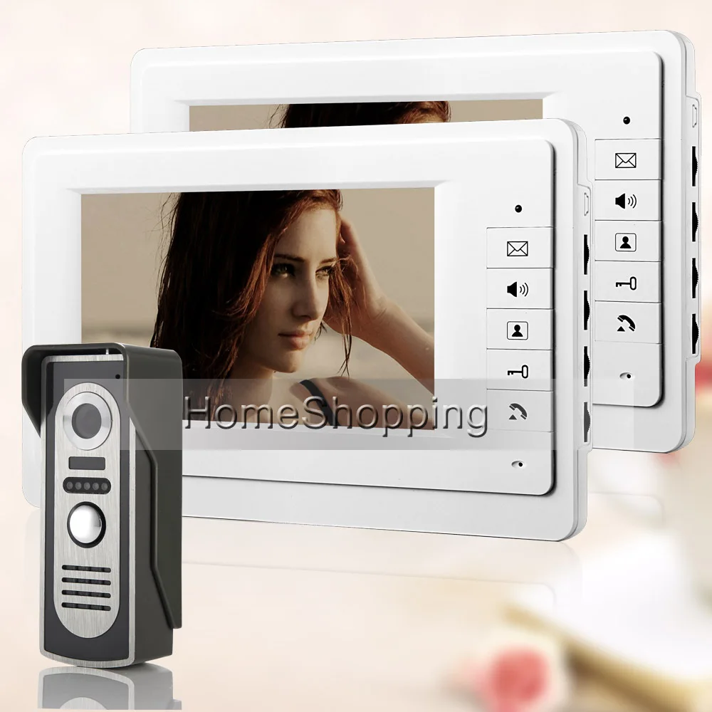 

FREE SHIPPING Wired New 7" Color Video Intercom Door Phone System + 2 White Monitors + 700TVL Doorbell Camera In Stock Wholesale