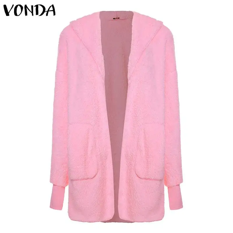 VONDA Women Faux Fur Hooded Jackets Fuzzy Casual Coats Outwear Cardigans Winter Warm Coat Plus Size Solid Color Streetwear