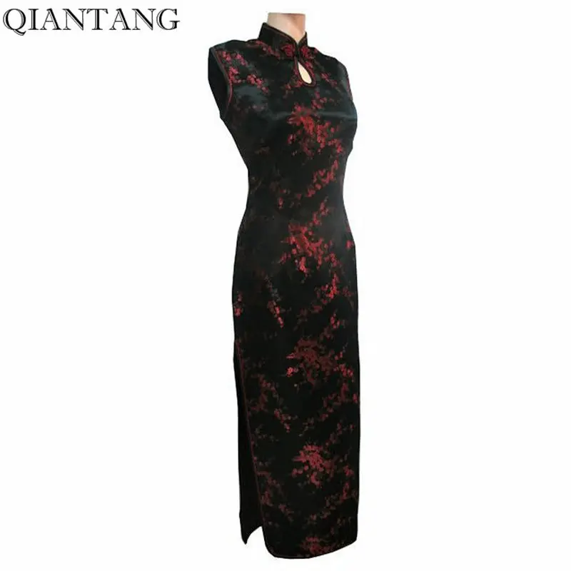 

Black-Red Traditional Chinese Dress Women's Satin Long Halter Cheongsam Qipao Clothings Flower Size S M L XL XXL XXXL J3035
