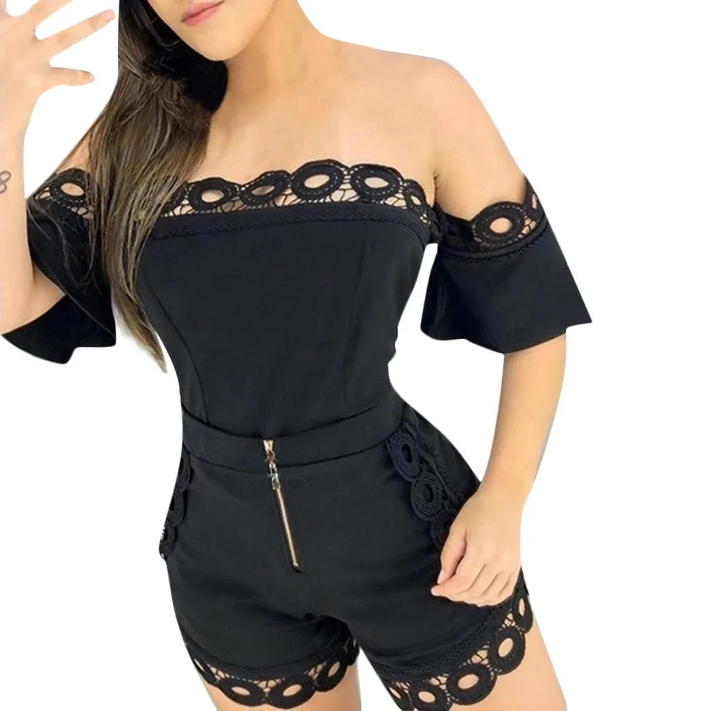 

Women Solid Sexy Off Shoulder Strapless Lace Patchwork Slim Fit Shorts Zipper Party Clubwear Set Female Casual Holiday Outfits