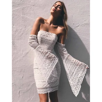 

White Lace Off Shoulder Flare Sleeve Bandage Women Dress Sexy Party Dress