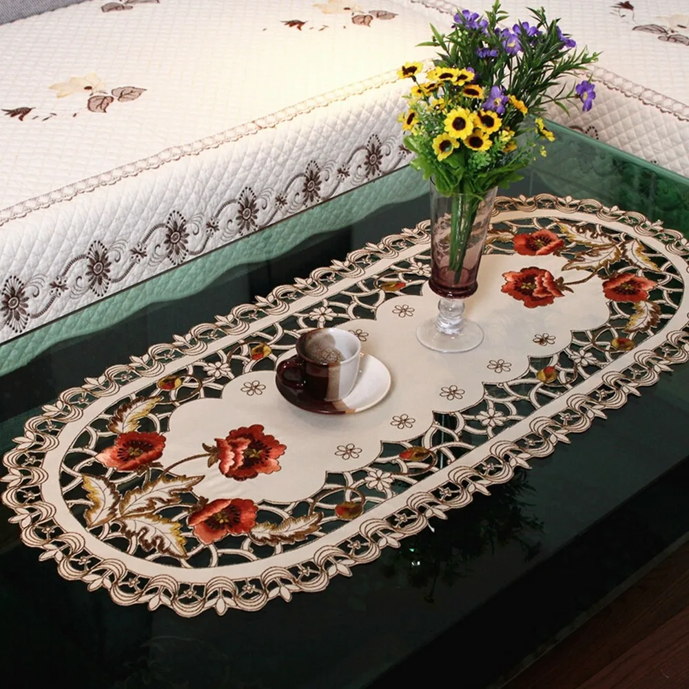 

RAYUAN Embroidered Peony Foral Cutwork Tablecloths Oval Table Cover Table Cloth Wedding Party Decor 30x45CM 40x85CM