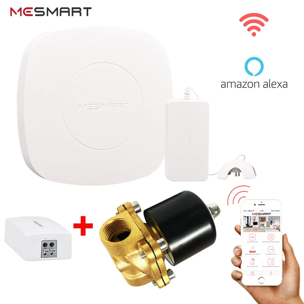 

MESMART Smart Home Automation Kit Hub Water Leak Sensor Alarm 1/2" Brass Water Solenoid Valve App Wireless Remote Control On/Off