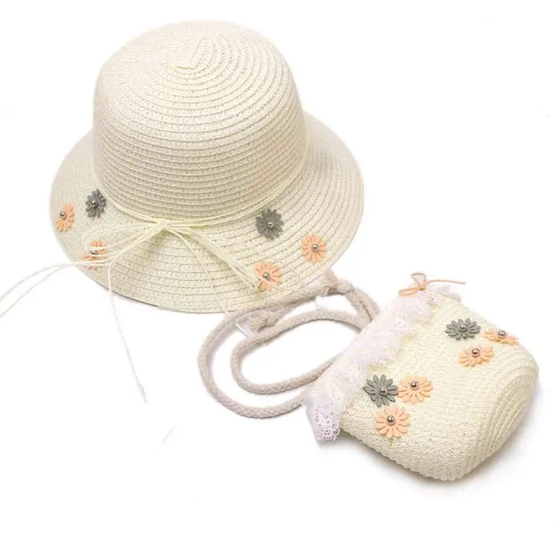 

3-8yrs Kids Summer Straw Hat Girl Flowers Sun Hats with Lace Bag Cute Photo Props Beach Gardening Khaki Beige Ivory Pink Blue