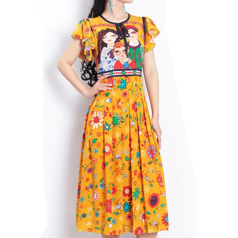 Runway Dress Designers 2018 Fashion Nova Woman Kawaii Family Face Floral Yellow Ruffles A Line Dress Elegant Vestidos Elegantes