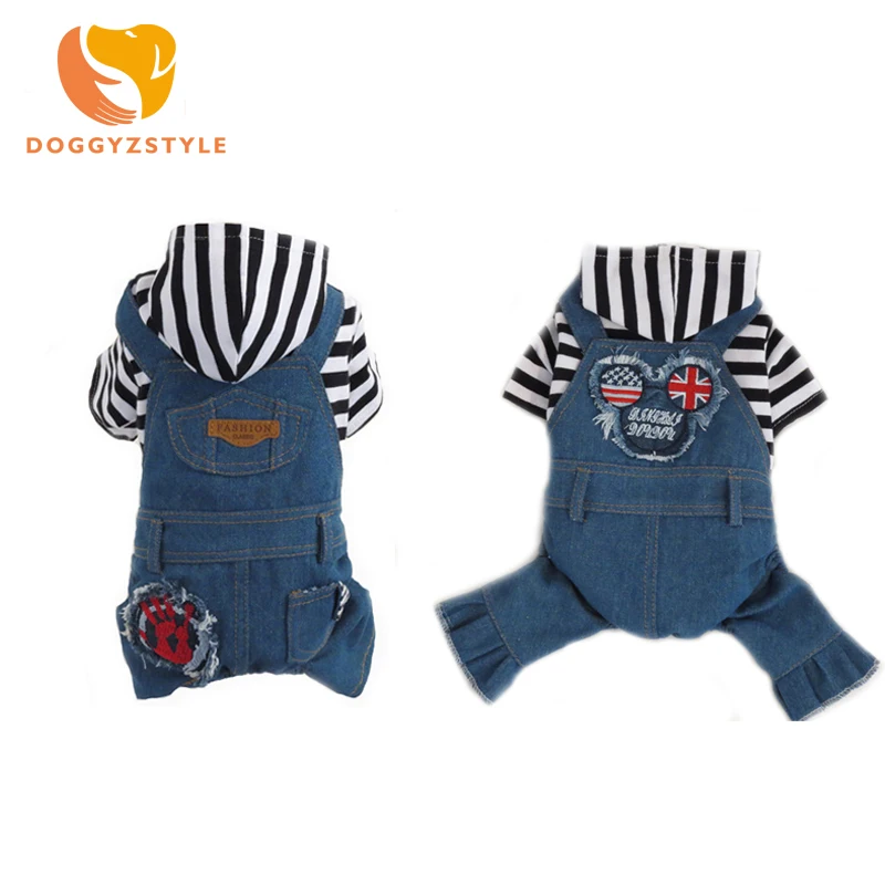 

New Pet Dog Cat Clothes For Yorkshire Chihuahua Dogs Striped Print Denim Jumpsuit Overalls Dog Jeans Clothing S-XXL DOGGYZSTYLE